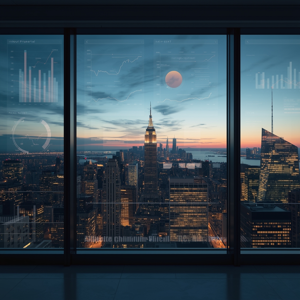 An ultra-realistic futuristic city skyline at dusk viewed through a high floor executive office window with glowing abstract financial analytics integrated into the window glass, premium corporate visualization, no woman